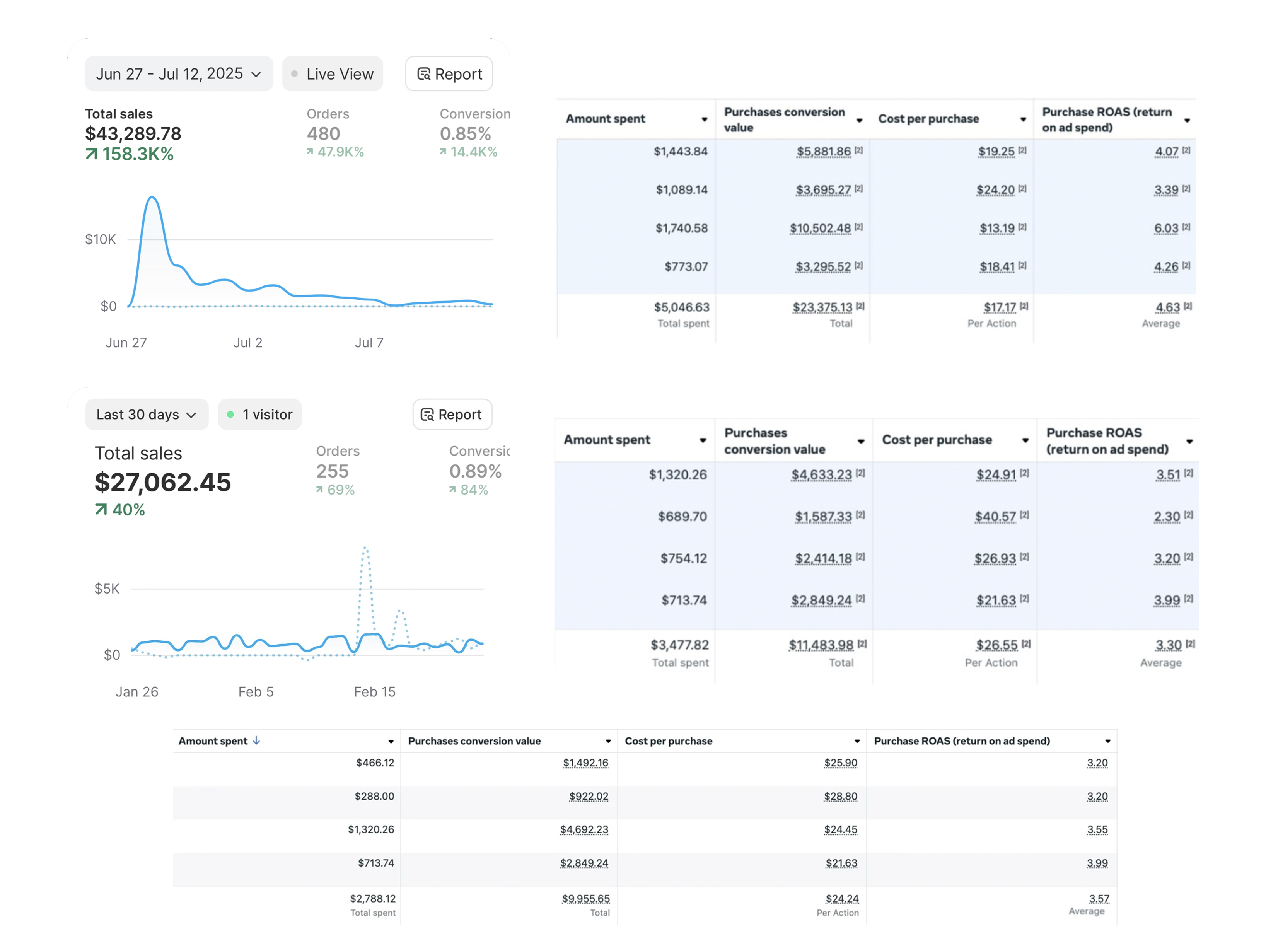 Analytics dashboard showing $43,289 in sales